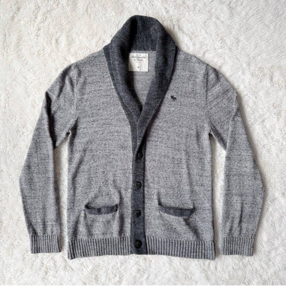 Abercrombie & Fitch Men Gray Button Down Knit Cardigan Shawl Sweater MEDIUM 90s